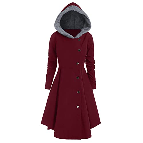 Winterjacke Damen Gothic Mittellange Hoodie Kleid Herbst Winter Wollmantel mit Kapuze Lange Knöpfen Wintermantel Retro Asymmetrisch Saum Mantel Party Kleid Vintage Kapuzenmantel (Rot, XXL) von Dantazz