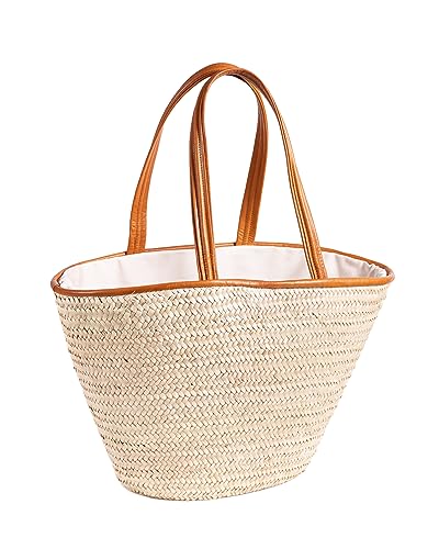Darido Saaf Einkaufstasche - Größe L 44x19x32CM - Stroh Strandtasche - Tasche damen - Reisetasche für Frauen - traditionelles marokkanisches natürliches Strohmaterial - Innenstoff zum Schutz von Darido
