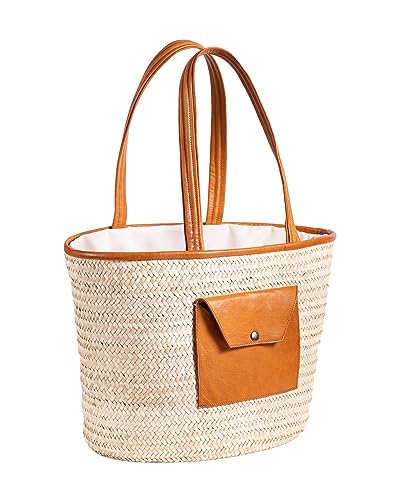 Darido Saaf Einkaufstasche - L 44x19x32CM - Stroh Strandtasche - Tasche damen mit Außentasche - Reisetasche für Frauen - traditionelles marokkanisches natürliches Strohmaterial - Innenstoff zum Schutz von Darido