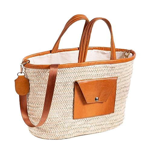 Darido Saaf Einkaufstasche -M 40x16x25CM- Stroh Strandtasche - Umhängetasche mit Außentasche - Reisetasche für Frauen - Traditionelles marokkanisches natürliches Strohmaterial - Innenstoff zum Schutz von Darido