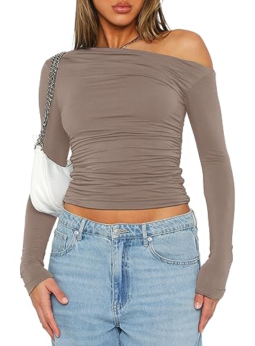 Darong Damen Casual Langarm U-Boot-Ausschnitt Schulterfrei Slim Fit Crop Top Ausgehen Blusen Y2K Enge Shirts, Khaki, Mittel von Darong