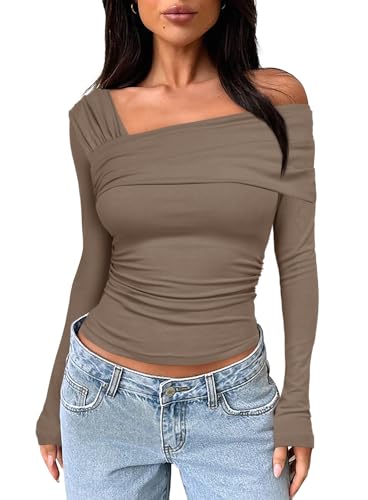 Darong Damen One Off Shoulder Tops Lange Ärmel Bluse Ausgehen Tops Y2K Shirt Slim Fit Geraffte Crop Top, Khaki, Groß von Darong