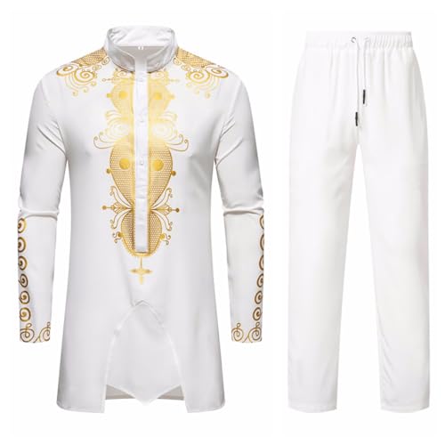 Darringls Afrikanisches Herren-Outfit, Langarm-Dashiki mit goldfarbenem Druck Herrenanzüge Goldstickerei Hemd und Hose Set Outfits Traditioneller Tribal Kleidung Darringls Afrikanisches Herren-Outfit, Langarm-Dashiki mit goldfarbenem Druck Herrenanzüge Goldstickerei Hemd und Hose Set Outfits Traditioneller Tribal Kleidung von Darringls