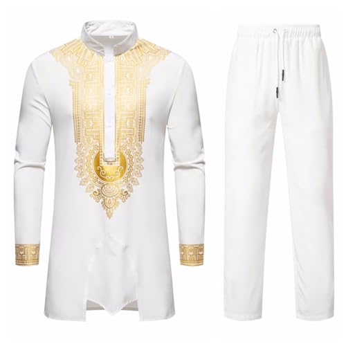 Darringls Afrikanisches Herren-Outfit, Langarm-Dashiki mit goldfarbenem Druck Herrenanzüge Goldstickerei Hemd und Hose Set Outfits Traditioneller Tribal Kleidung Darringls Afrikanisches Herren-Outfit, Langarm-Dashiki mit goldfarbenem Druck Herrenanzüge Goldstickerei Hemd und Hose Set Outfits Traditioneller Tribal Kleidung von Darringls