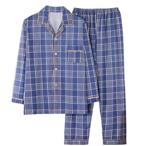 Darringls Herren Pyjama Set lang Hausanzug Zweiteiler Langarm Kariert Schlafanzüge Männer Leichte Karierter Pyjamahose Nachtwäsche Sommeranzug V-Ausschnitt Loungewear Schlafanzug von Darringls