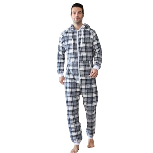 Herren Paar Jumpsuit Overall Schlafanzug Kuschelig Lustig Lang Kariert Pyjama Winter Warm Plüsch Overall Schlafoverall Reißverschluss Teddy Fleece Einteiler Onesie Schlafanzug von Darringls