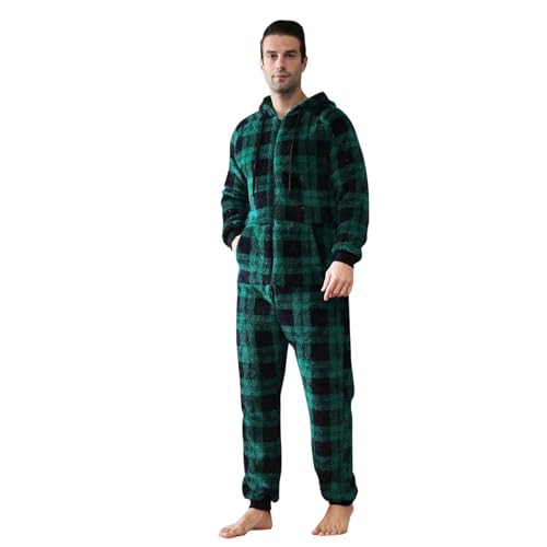 Herren Paar Jumpsuit Overall Schlafanzug Kuschelig Lustig Lang Kariert Pyjama Winter Warm Plüsch Overall Schlafoverall Reißverschluss Teddy Fleece Einteiler Onesie Schlafanzug von Darringls