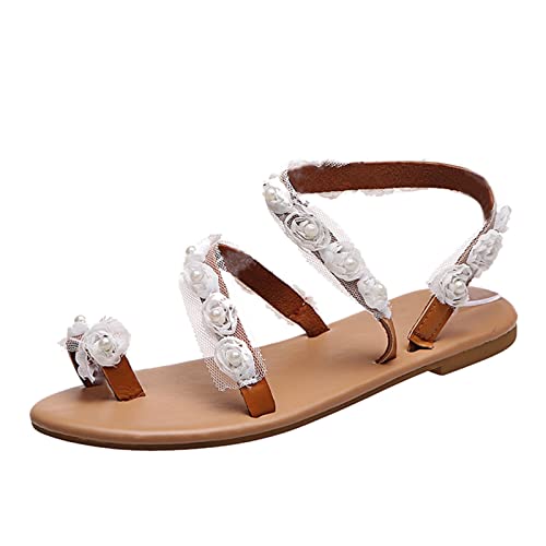 Dasongff Damen Riemchen Flache Sandalen Böhmen Strandsandalen 2024 Elegante Lace Spitze Blumen Sommerschuhe Freizeit Vintage Zehe Ring Gladiator Sandalen Römische Schuhe Zehentrenner Komfortable von Dasongff