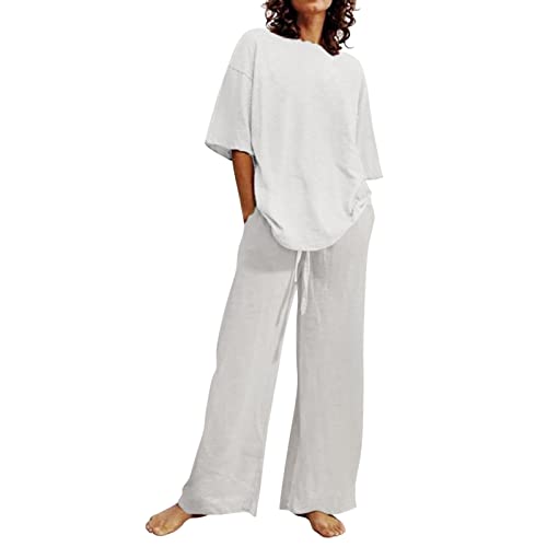 Dasongff Schlafanzug Damen Lang Pyjama Set Winter Pyjama Nachtwäsche O-Ausschnitt Lounge Wear Kurzarm Oberteile + Hosen Zweiteiliger Hausanzug Schlafhose mit Taschen Loungewear Set von Dasongff