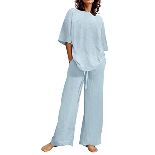 Dasongff Schlafanzug Damen Lang Pyjama Set Winter Pyjama Nachtwäsche O-Ausschnitt Lounge Wear Kurzarm Oberteile + Hosen Zweiteiliger Hausanzug Schlafhose mit Taschen Loungewear Set von Dasongff