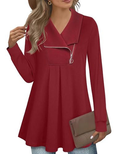 Damen Pullover, Langarm Tunika Damen Lang Festliche Kleidung Damen Elegant Sweatshirt Helf Zipper Pullover Damen Edel Weinrot Damenpullover Elegant Burgundy Damenoberteile Leger Winter Tunika von Datuhao