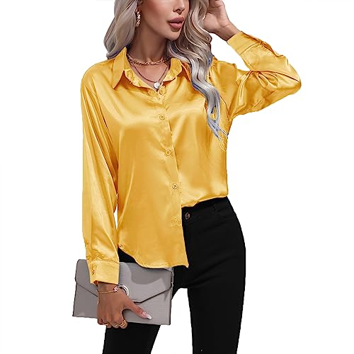 Daysskk Satin Bluse Damen Gelb V-Ausschnitt Bluse Damen Elegant Langarm Oberteil Damen Elegant Seide Blusen Buissenes Damen Elegant XXL von Daysskk