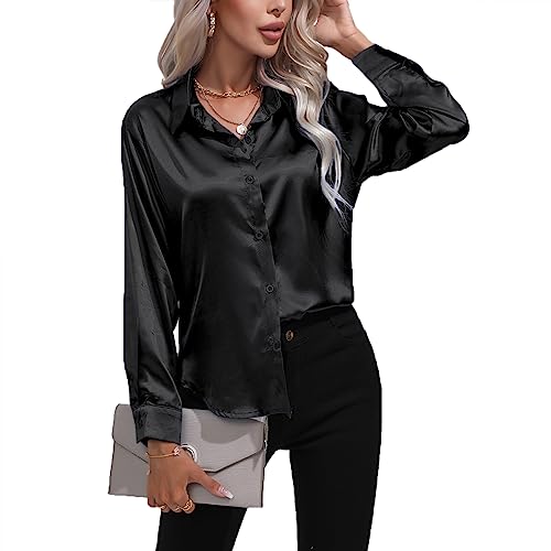 Daysskk Satin Bluse Damen Schwarz V-Ausschnitt Bluse Damen Elegant Langarm Oberteil Damen Elegant Seide Blusen Buissenes Damen Elegant S von Daysskk