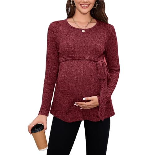 Daysskk Umstandsshirt Langarm Rot Umstandsmode Oberteil Langarm Maternity Long Sleeve Tops Langarmshirts für Schwangere Umstandsbluse Herbst XL von Daysskk