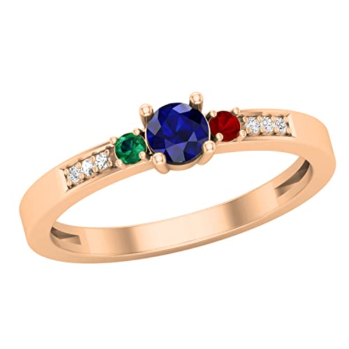 Dazzlingrock Collection 4 mm großer runder blauer Saphir, 2 mm runder Smaragd und Rubin mit natürlichem weißen Diamanten und 3 Steinen, Verlobungsring für Damen, 14 Karat Rotgold, Größe 10, Roségold von DazzlingRock Collection