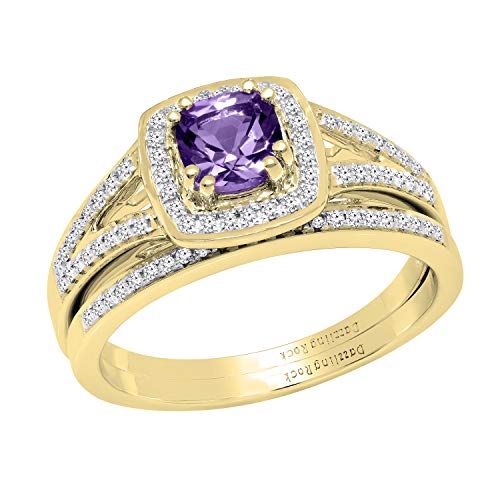 Dazzlingrock Collection Braut-Ehering-Set, 5 mm, Kissen-Edelstein und runder weißer Diamant, Halo-Stil, erhältlich in verschiedenen Edelsteinen in 10 K/14 K/18 Karat Gold, Gelbgold Amethyst Weißer von DazzlingRock Collection