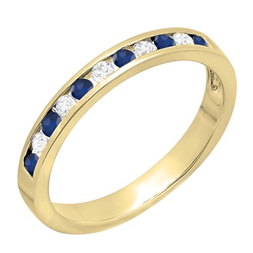 Dazzlingrock Collection Damen-Ring, 14 Karat Gold, runder weißer Diamant und blauer Saphir, stapelbar, Gelbgold, Weißer Diamant von DazzlingRock Collection