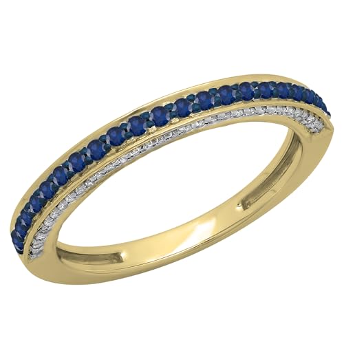 Dazzlingrock Collection Damen-Ring aus 14 Karat Gold, Rundschliff, blauer Saphir und weißer Diamant, stapelbar, Gelbgold, Blauer Saphir von DazzlingRock Collection