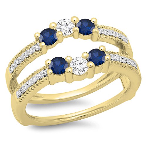 Dazzlingrock Collection Ehering mit 14 Karat blauem Saphir und weißem Diamant, 3 Steine, Doppelring, Weißgold, Größe 4, Gelbgold, Blauer Saphir von DazzlingRock Collection