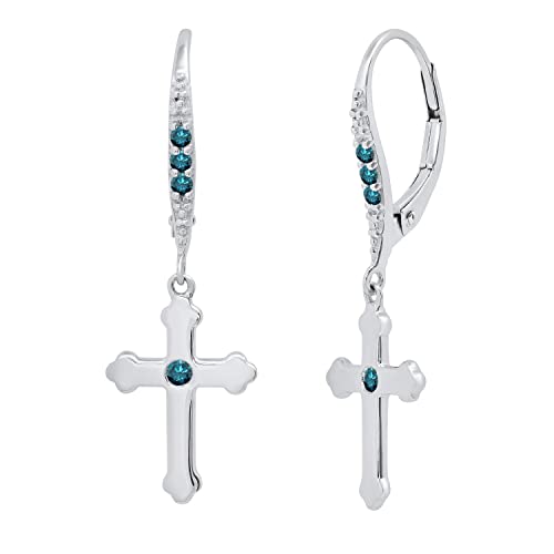 Dazzlingrock Collection Runde Edelstein oder Diamant Kreuz Drop Lever Back Herren & Damen (Unisex) Ohrringe aus 925 Sterling Silber, Blauer Diamant, Sterlingsilber, Rund, blauer Diamant von DazzlingRock Collection