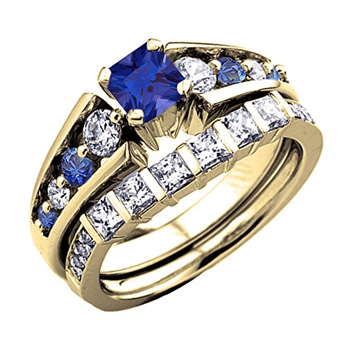 Dazzlingrock Collection Verlobungsring-Set für Damen, 14 Karat Gold, weißer Diamant und blauer Saphir, Gelbgold, Saphir von DazzlingRock Collection