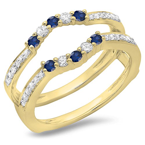 Ring, 14 Karat Gold, runder blauer Saphir und weißer Diamant, 5 Steine, Verstärker, Doppelring, 8, Gelbgold, Blauer Saphir von DazzlingRock Collection