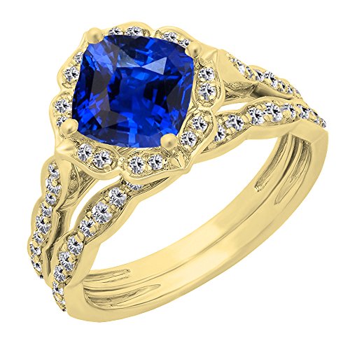 Dazzlingrock Collection Damen-Braut-/Verlobungsring-Set, 14 Karat, 7,5 mm, künstlicher Edelstein und runder Diamant, Gelbgold, Blauer Saphir, Diamant, Gold, Blauer Saphir von DazzlingRock Collection