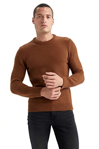 DeFacto Herren Strick Pullover Langarm Rundhalsausschnitt Sweater - Slim fit Pulli für Herren Oberteile Camel,XXL von DeFacto