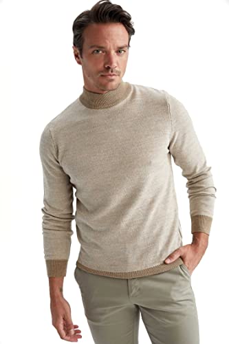 DeFacto Herren Strick Pullover Langarm Rundhalsausschnitt Sweater - Slim fit Pulli für Herren Oberteile LT.BEIGE Melange,L von DeFacto