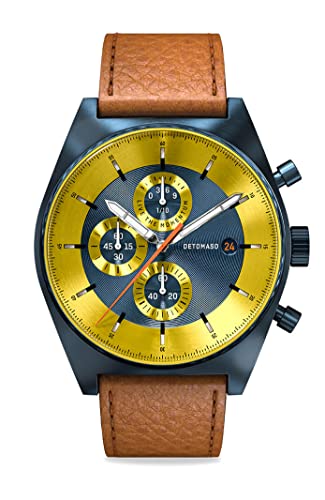 DeTomaso D10 Chronograph Limited Edition Blue Yellow Herren-Armbanduhr Analog Quarz Lederarmband Braun von DeTomaso