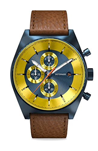 DeTomaso D10 Chronograph Limited Edition Blue Yellow Herren-Armbanduhr Analog Quarz Lederarmband Dunkelbraun von DeTomaso