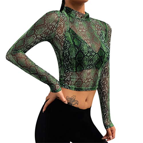 Crop Tops Damen Langarm,Sexy Netzoberteil Damen Transparent Netz Mesh Grüner Schlangenmuster,Bauchfreies Oberteil Damen Y2k Top Basic Langarmshirt Slim Fit Lässig Party Oberteile Bluse,T-Shirts von DeaAmyGline