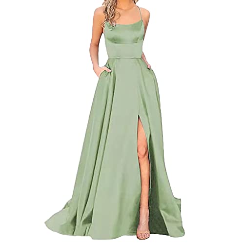 Damen Abendkleid Lang mit Schlitz - Satin Ballkleid Elegant Neckholder Kleider mit Taschen A-Linien Rückenfreies Spaghetti Sexy Abendkleider Lange Hochzeitskleid Brautjungfernkleider Party Kleid von DeaAmyGline