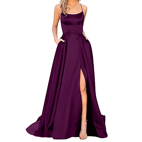 Damen Abendkleid Lang mit Schlitz Satin Ballkleid Elegant Neckholder Kleider mit Taschen A-Linien Rückenfreies Spaghettiträger Sexy Abendkleider Lange Hochzeitskleid Brautjungfernkleider Party Kleid von DeaAmyGline