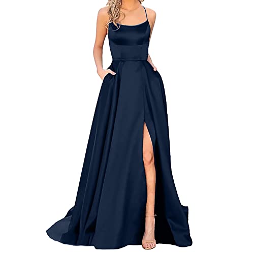 Damen Abendkleid Lang mit Schlitz - Satin Ballkleid Elegant Neckholder Kleider mit Taschen Satinkleid Rückenfreies Spaghetti Sexy Abendkleider Lange Hochzeitskleid Brautjungfernkleider Party Kleid von DeaAmyGline