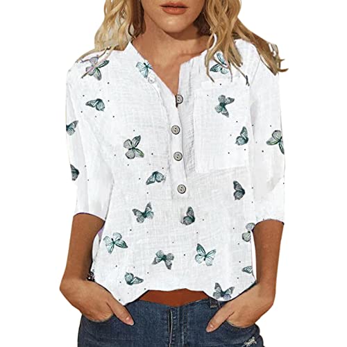 Damen T Shirt 3/4 arm Sommer Bluse Knopfleiste Oberteile mit Aufdruck V Ausschnitt Kurzarm Hemd Vintage Blusenshirt Tunika Tops Stilvolle Modern Lässige Arbeits Blusen Tuniken für Frauen von DeaAmyGline