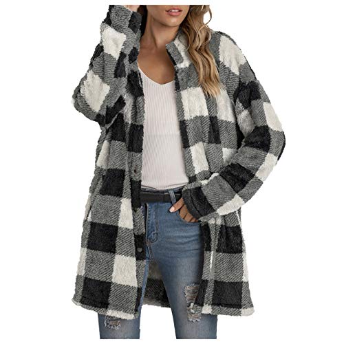 DeaAmyGline Fleecejacke Damen Lang Karierte Winter Jacke Mantel Parka Cardigan Plüschjacke Plüschmantel Wintermantel Winterjacke Fleece Jacken von DeaAmyGline