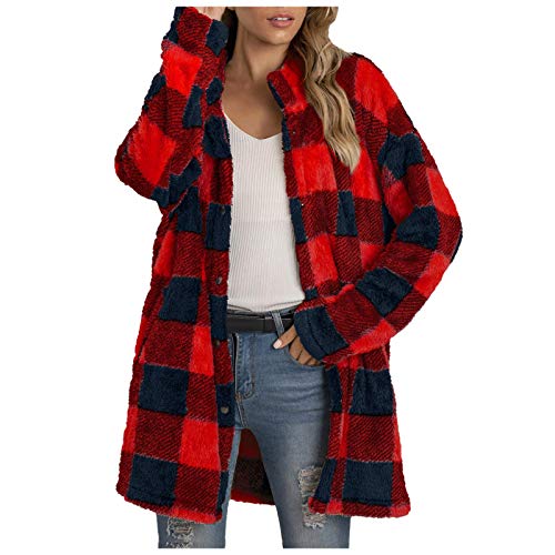 DeaAmyGline Fleecejacke Damen Lang Karierte Winter Jacke Mantel Parka Cardigan Plüschjacke Plüschmantel Wintermantel Winterjacke Fleece Jacken von DeaAmyGline