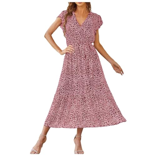 DeaAmyGline Sommerkleid Damen Blumenkleid Boho Kleid Lang Strandkleid Sommer V Ausschnitt Wickelkleid Blumen Muster Kurzarm Maxikleid Plissee Rüschen Saum Lange Kleider Freizeitkleid von DeaAmyGline