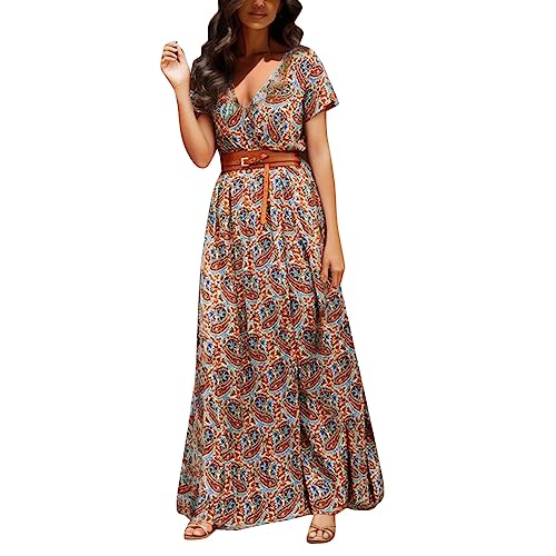 DeaAmyGline Sommerkleid Damen Lang Boho Kleid Blumenkleid Strandkleid Sommer V Ausschnitt Maxikleid Kurzarm Bohemian Blumen Muster Lange Kleider Elegant Festlich Partykleid Freizeitkleid von DeaAmyGline