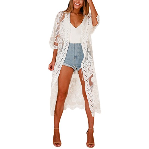 DeaAmyGline Strandkleid Damen Strand Kimono Bikini Cover Up mit Spitze Blumendruck Strandponcho Lange Cardigan Badeanzug Cover-Ups -Pareos & Strandkleider für Urlaub von DeaAmyGline