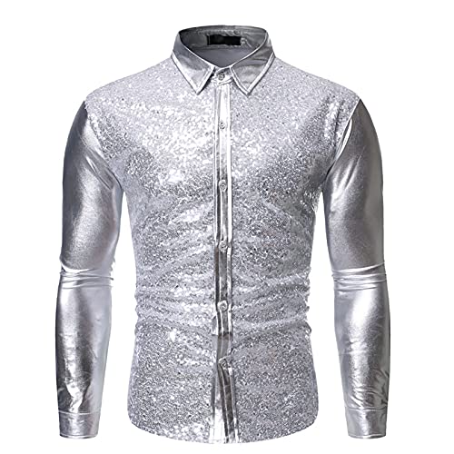 Disco Hemd Herren 70er, 80er Jahre Outfit Herren Glitzer Hemd Langarm Metallic Pailletten Glänzend Wetlook Hemden für Party Karneval Kustüm Discokugel Tanz Nachtklub Verkleidung von DeaAmyGline