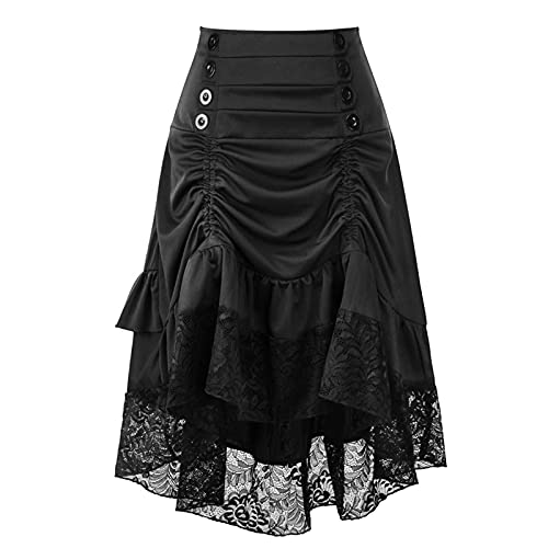 Gothic Rock Damen - Mittelalter Kleidung Damen Steampunk Röcke Hohe Taille High-Low Rock mit Spitze Faltenrock Piratenrock für Karneval Kostüm Halloween Renaissance Viktorian Cosplay Party von DeaAmyGline