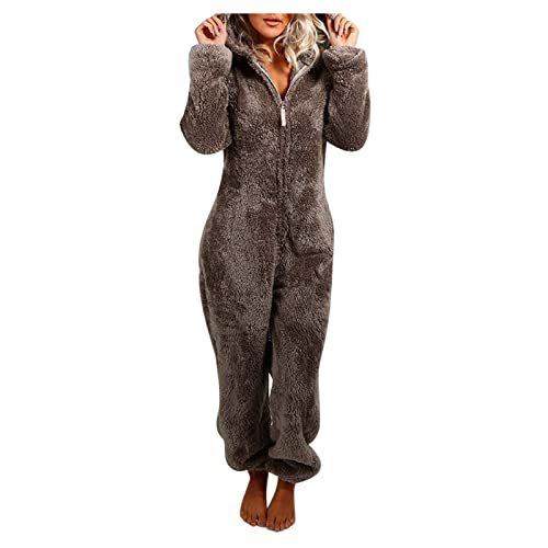 Jumpsuit Damen Kuschelig Teddy Fleece Winter Einteiler Overall Anzug Flauschig Kuschel Onesie Schlafanzug Lang Pyjama Weich Plüsch Hausanzug Schlafoverall mit Kapuze Kuscheliger Jumpsuits für Damen von DeaAmyGline