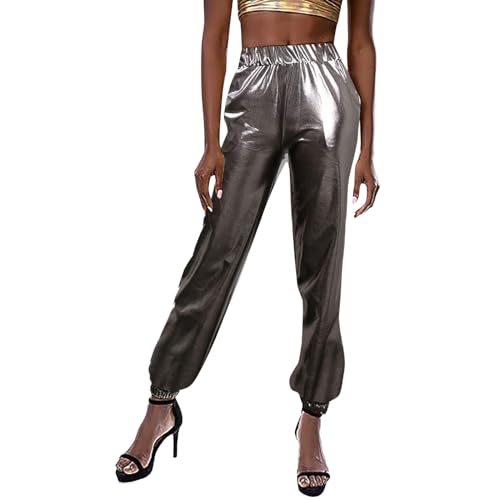 Metallic Hose Damen Glänzend, Kunstleder Lederhose Damen Wetlook High Waist Hip Hop Haremshose für Karneval kostüm Party Tanz Bühne Cosplay Jogginghose Nachtclub Festival von DeaAmyGline