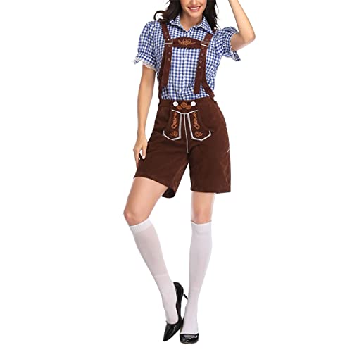 Oktoberfest Damen Outfit, Trachtenhemd Damen Lederhose Tracht,Kariertes Hemd Jumpsuit Bayerisches Oktoberfest Kostüm Set für Halloween Dress Up Party Karneval Wiesn und Bierfest Bier Bühnenshow von DeaAmyGline