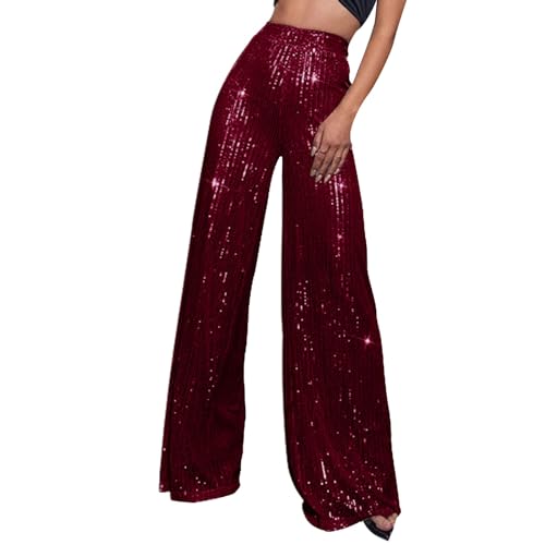 Pailletten Hose Damen High Waist - Weite Hose Damen Glitzer Hose Damen Elegant Haremshose Schlaghose Hochzeit Party Streetwear Freizeithose Weites Bein Lose Festliche Lange Hosen Frauen von DeaAmyGline