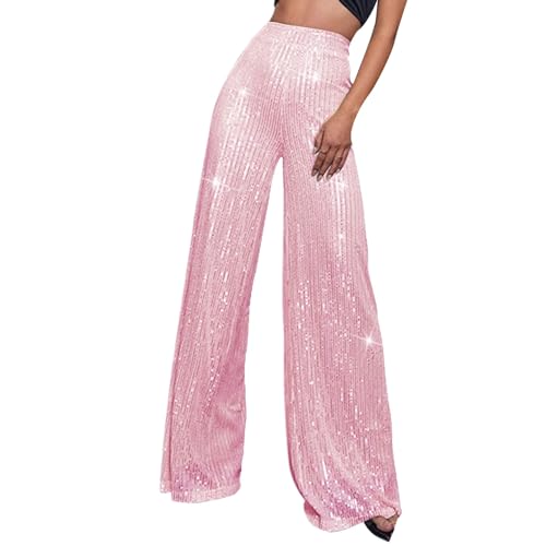 Pailletten Hose Damen High Waist - Weite Hose Damen Glitzer Hose Damen Elegant Haremshose Schlaghose Hochzeit Party Streetwear Freizeithose Weites Bein Lose Festliche Lange Hosen Frauen von DeaAmyGline