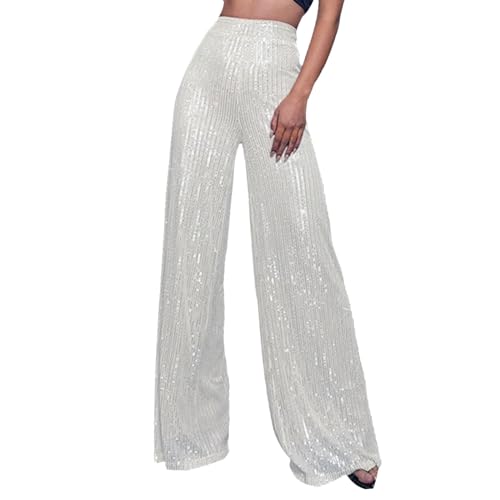 Pailletten Hose Damen High Waist - Weite Hose Damen Glitzer Hose Damen Elegant Haremshose Schlaghose Hochzeit Party Streetwear Freizeithose Weites Bein Lose Festliche Lange Hosen Frauen von DeaAmyGline