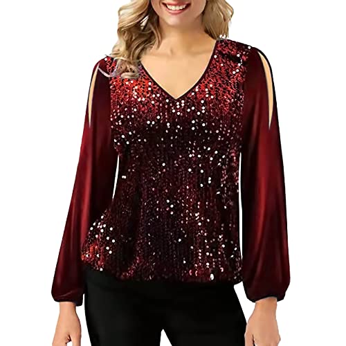 Pailletten Oberteil Damen V-Ausschnitt,Schulterfreies T-Shirt Damen Große Größen,Bluse Damen Langarm Puffärmel Pullover Elegant Lässig Party Locker,T-Shirts für Frauen von DeaAmyGline